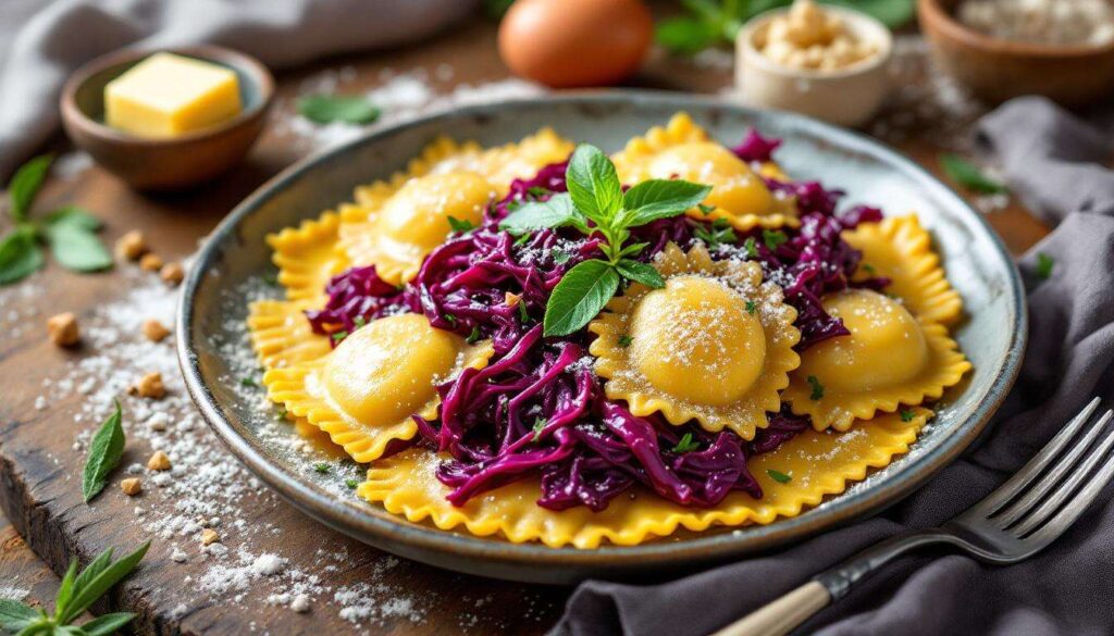 Ravioli con cavolo rosso e patate alla salvia