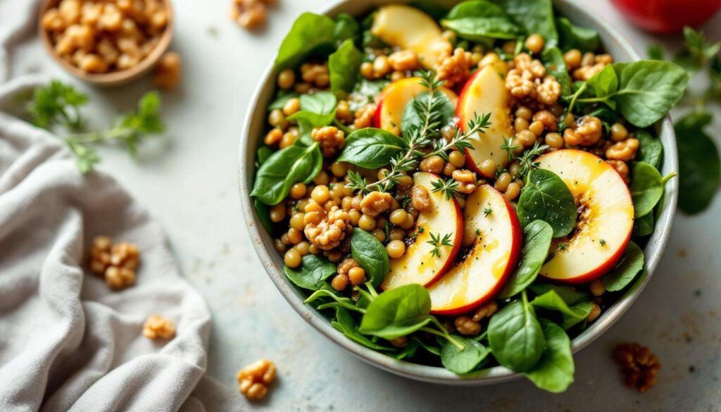INSALATA DI LENTICCHIE CROCCANTI CON MELE, NOCI E SPINACINO