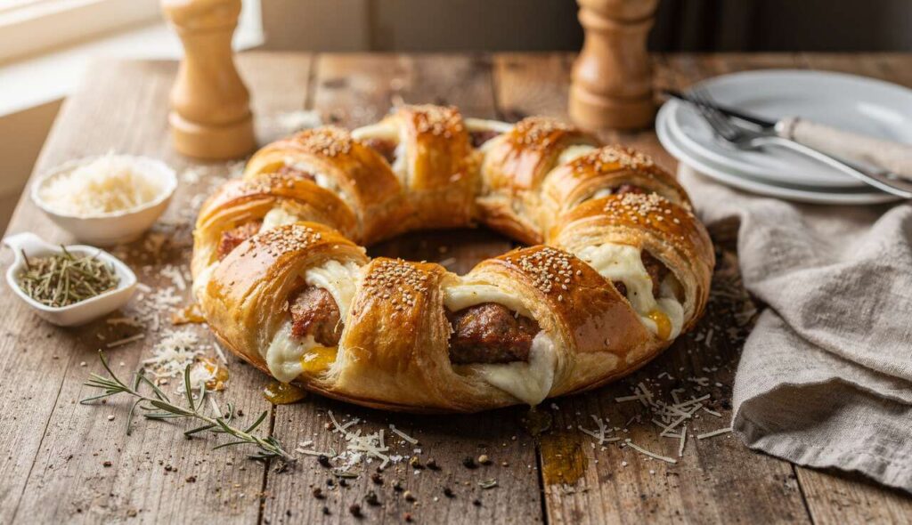 Corona di sfoglia salsiccia e stracchino: l’antipasto scenografico che conquista tutti